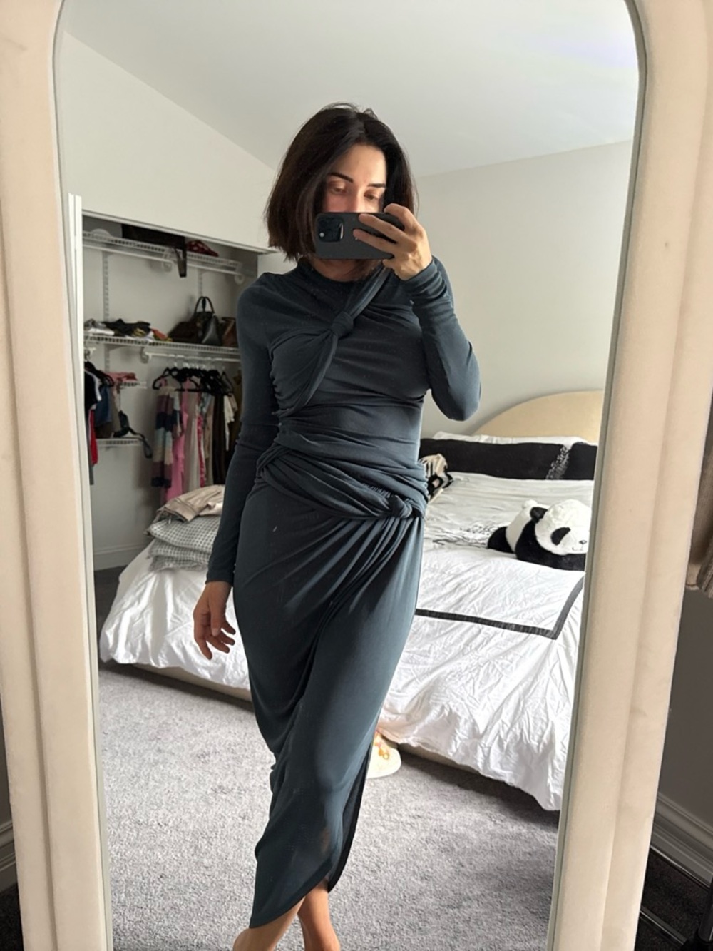 Zara Twist-Knot Long Sleeve Midi Dress in Slate